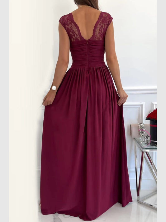 Sleeveless Lace Backless Long Dress With Slit Hem