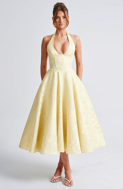 Halter Neck Satin Midi Dress | A-Line Silhouette