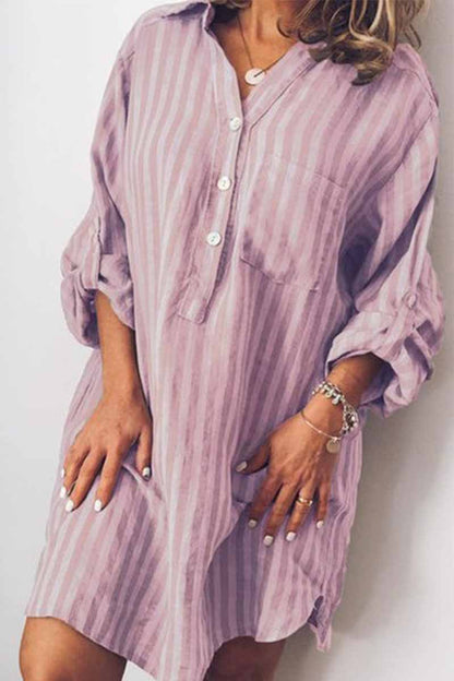 Vertical Stripe Collar Roll-Tab Sleeve Patch Pocket Shirt Mini Dress
