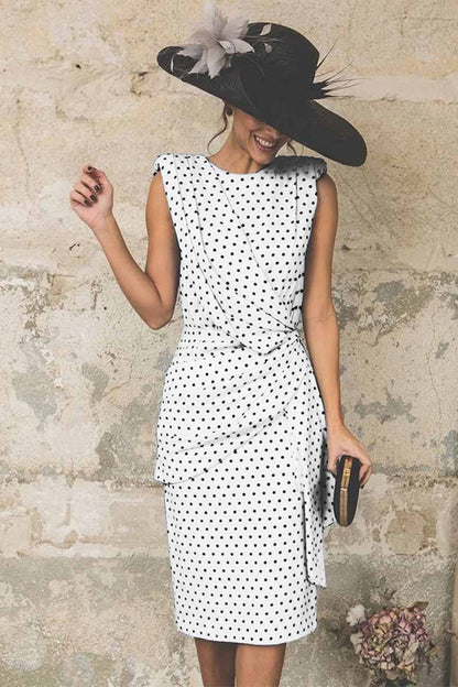 Polka Dot Draped Wrap-Front Structured Shoulder Pencil Midi Dress
