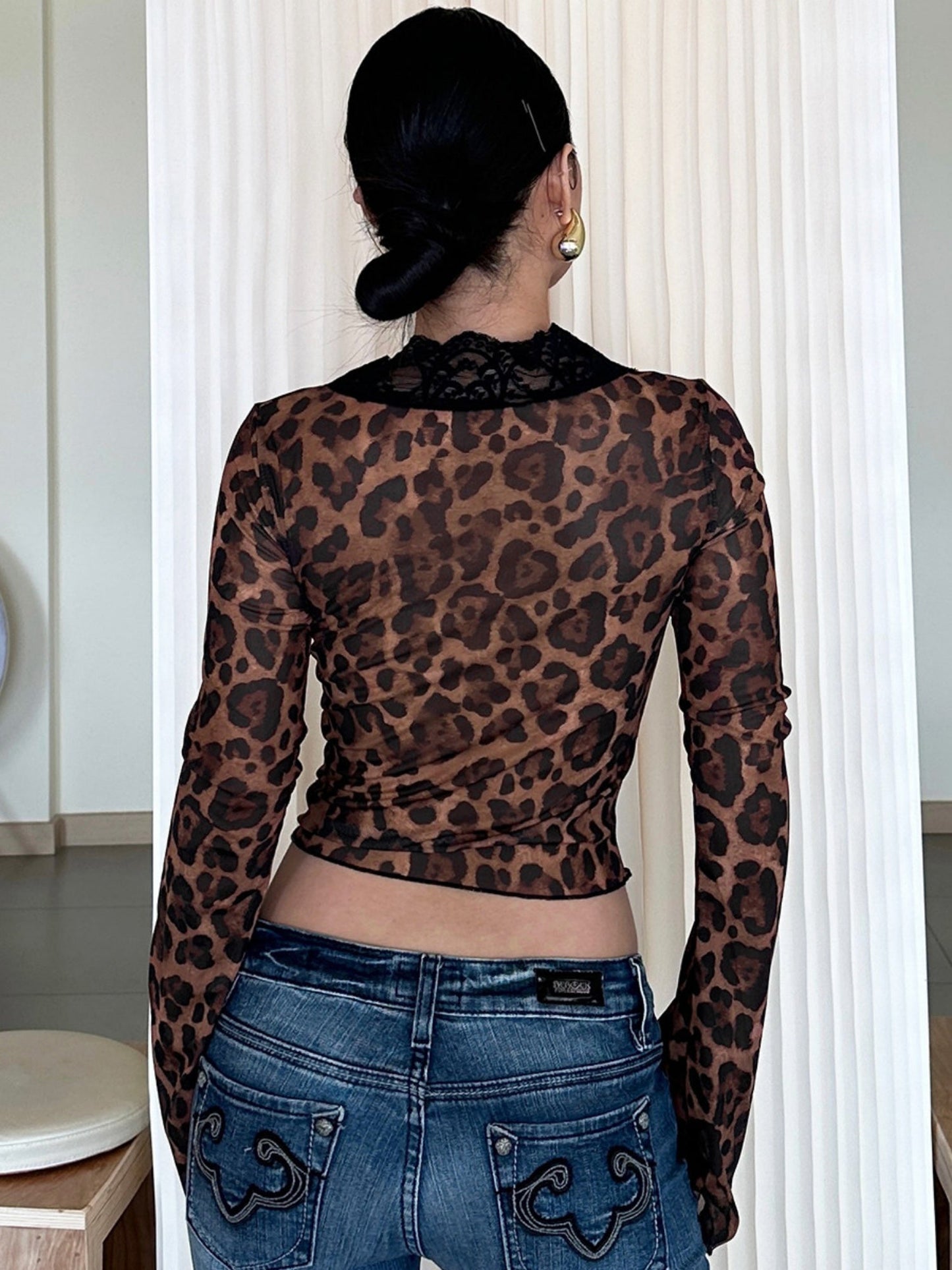 Leopard Print Mesh Lace Patchwork Long-sleeved T-shirt