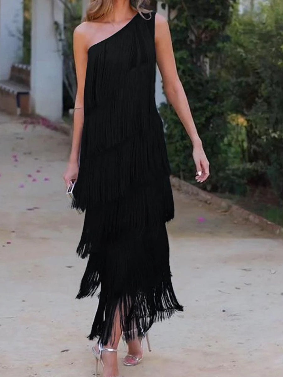 Tassel Sloping Shoulders Asymmetrical Maxi Dresses