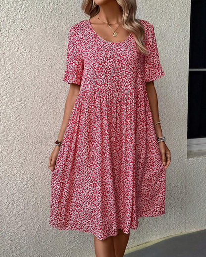 Ditsy Floral Round Neck Flounce Sleeve Tiered Smock Midi Dress