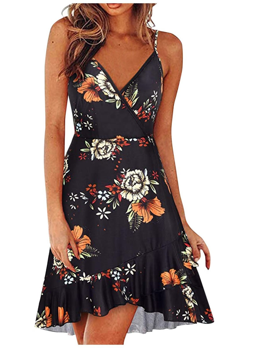 V-neck Sleeveless Backless Botanical Print Short Dress
