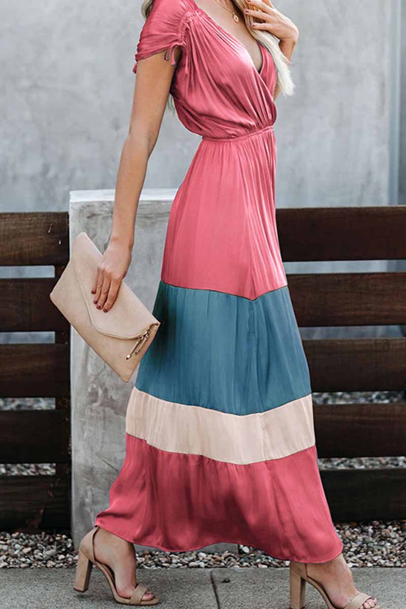 Wrap-Front V-Neck Tie Shoulder Tiered Colorblock Satin Maxi Dress