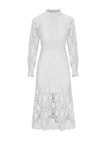 Hollow-out Long-sleeved Stand-up Collar Short Dress With Lace Trim