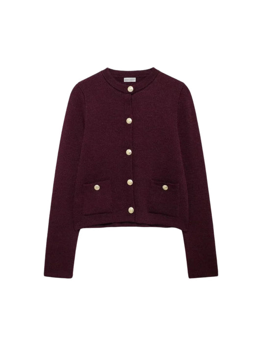 Gold Decorated Row Button Short Knitted Cardigan