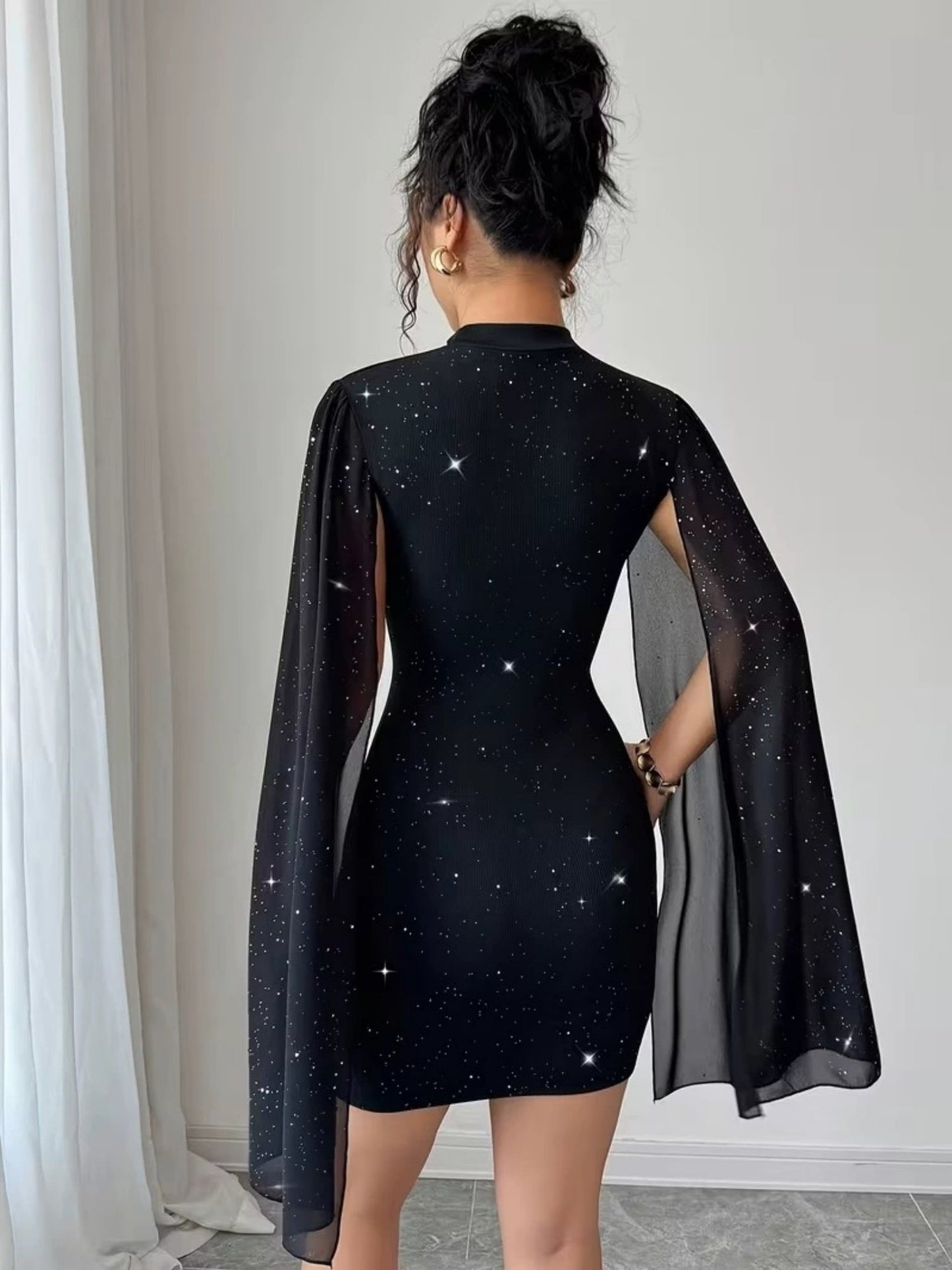 Sequins Chiffon Cape Openwork Chest Mini&Short Dresses