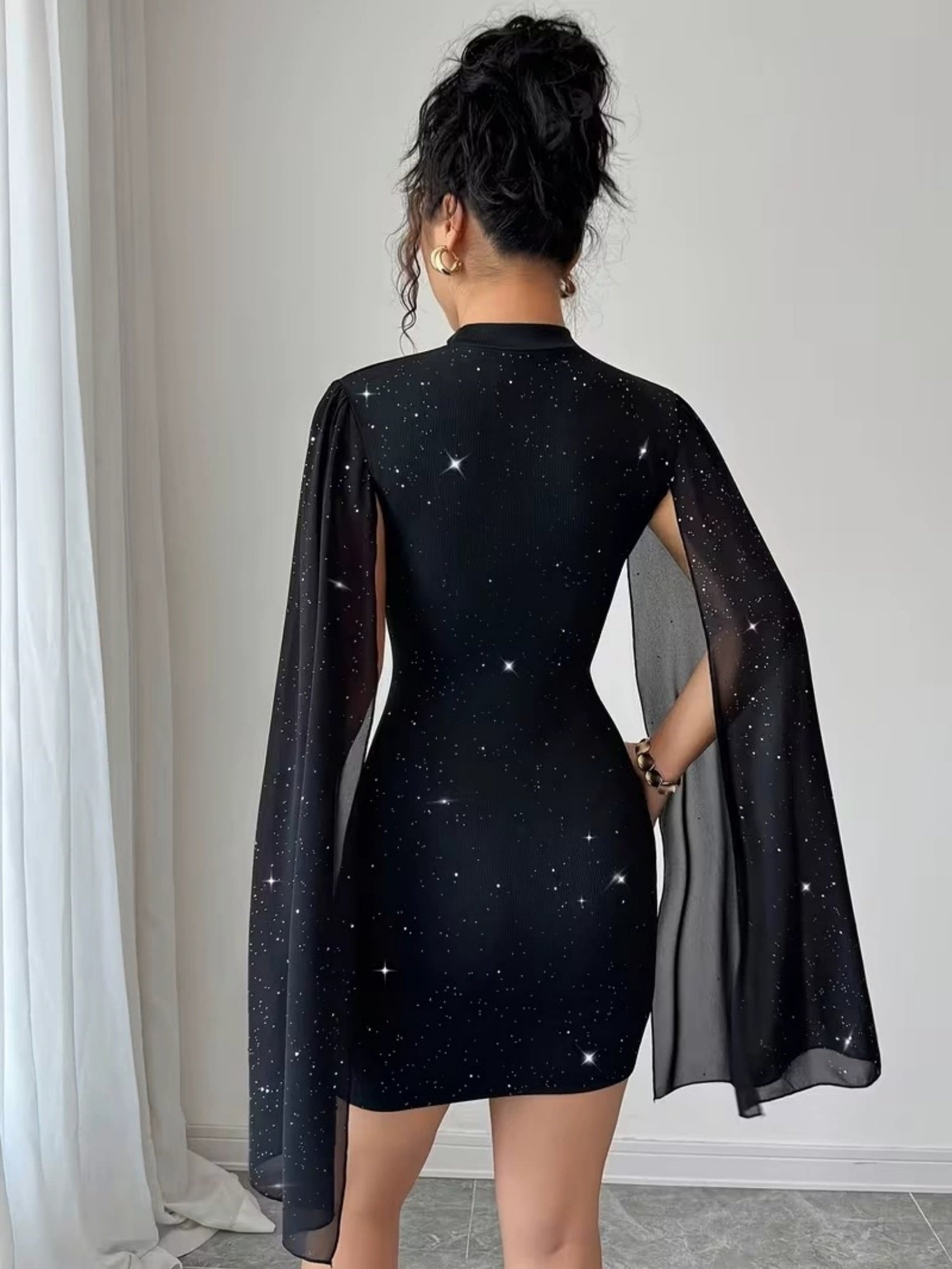 Sequins Chiffon Cape Openwork Chest Mini&Short Dresses