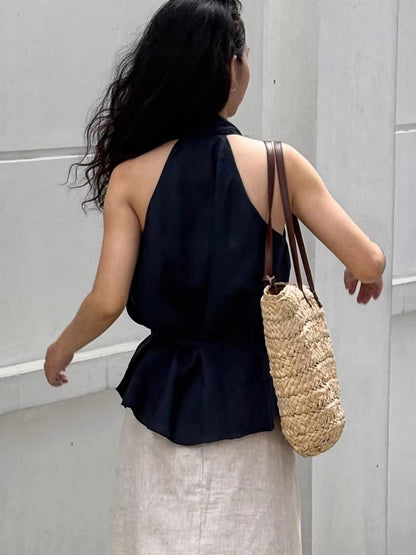 Cotton Blend Halter Navy Blue Lace Up Comfort Temperament Commuting Tank Tops