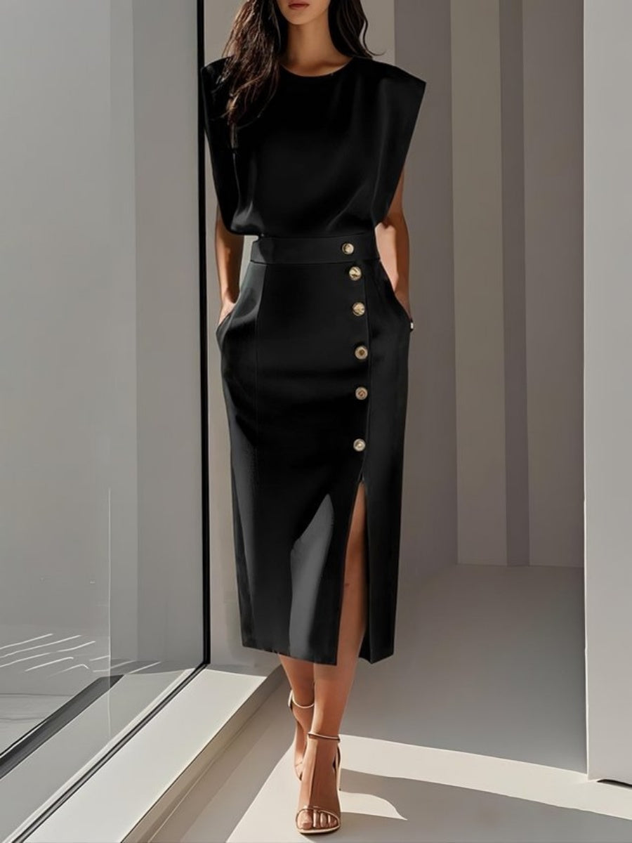 Crew Neck Sleeveless Buttons Slit Midi Dresses