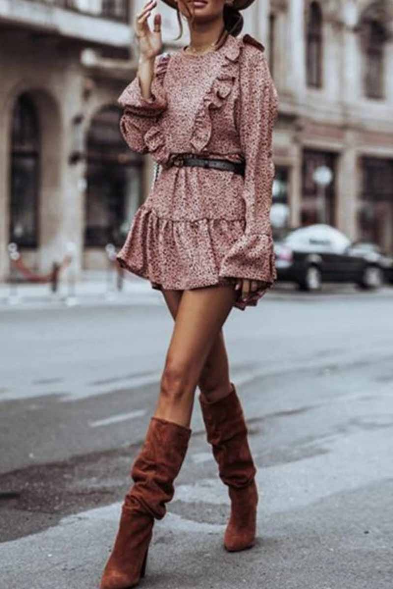 Spotted Print Ruffle Front Bell Sleeve Belted Tiered Mini Dress