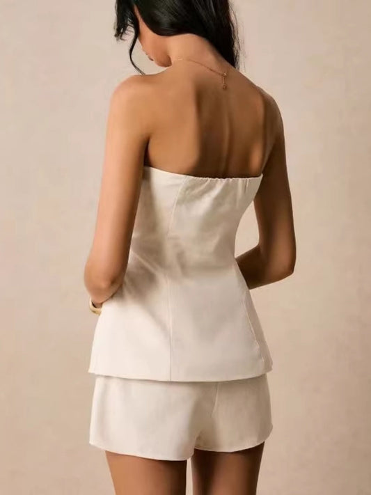 Button-down Strapless Top And Wide-leg Shorts Set