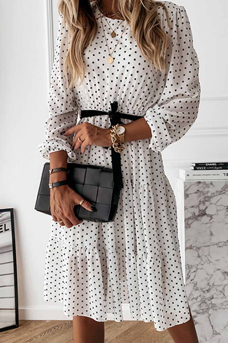 Polka Dot Round Neck Puff Sleeve Tie Belt Tiered Midi Dress