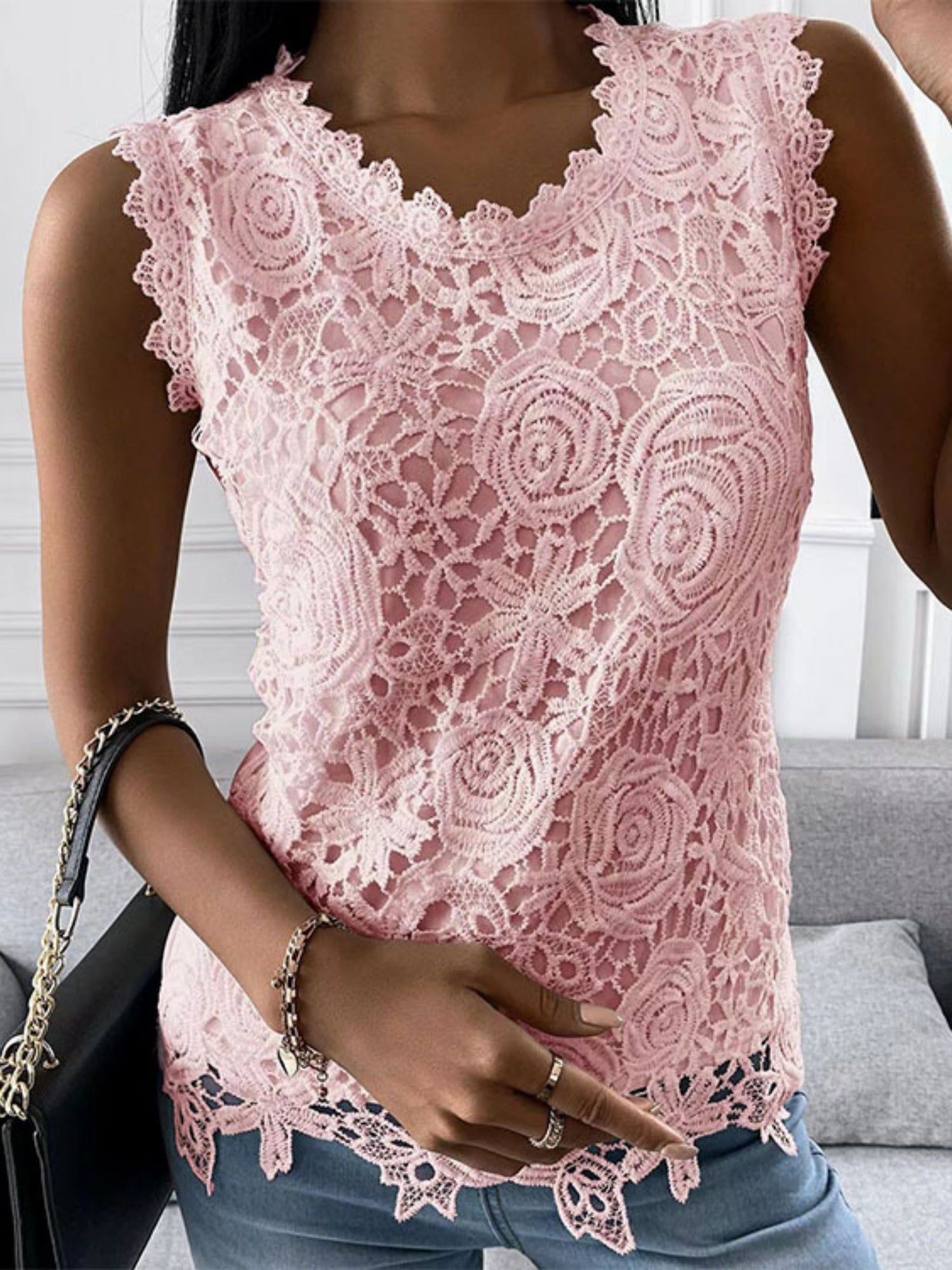 Lace Trim Crew Neck Tank Tops&Camis