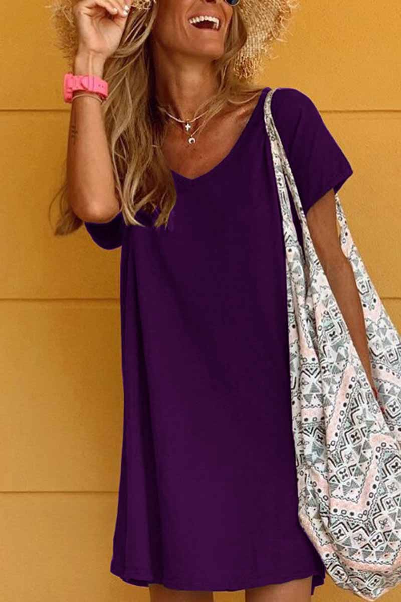 V-Neck Short Sleeve Loose Shift Mini Dress