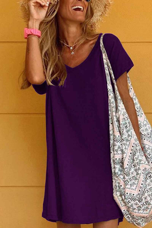 V-Neck Short Sleeve Loose Shift Mini Dress