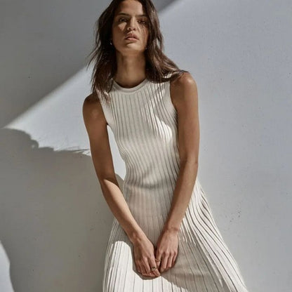 Rib Knit Bodice Accordion Pleated Skirt Sleeveless Maxi Dress