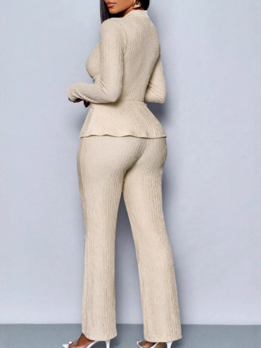 Long-sleeved, Irregular Hem, Fitted Top And Slimming Solid Color Trousers Two-piece Set