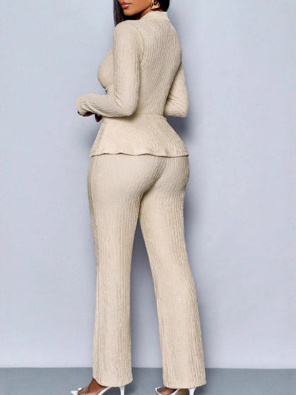 Long-sleeved, Irregular Hem, Fitted Top And Slimming Solid Color Trousers Two-piece Set