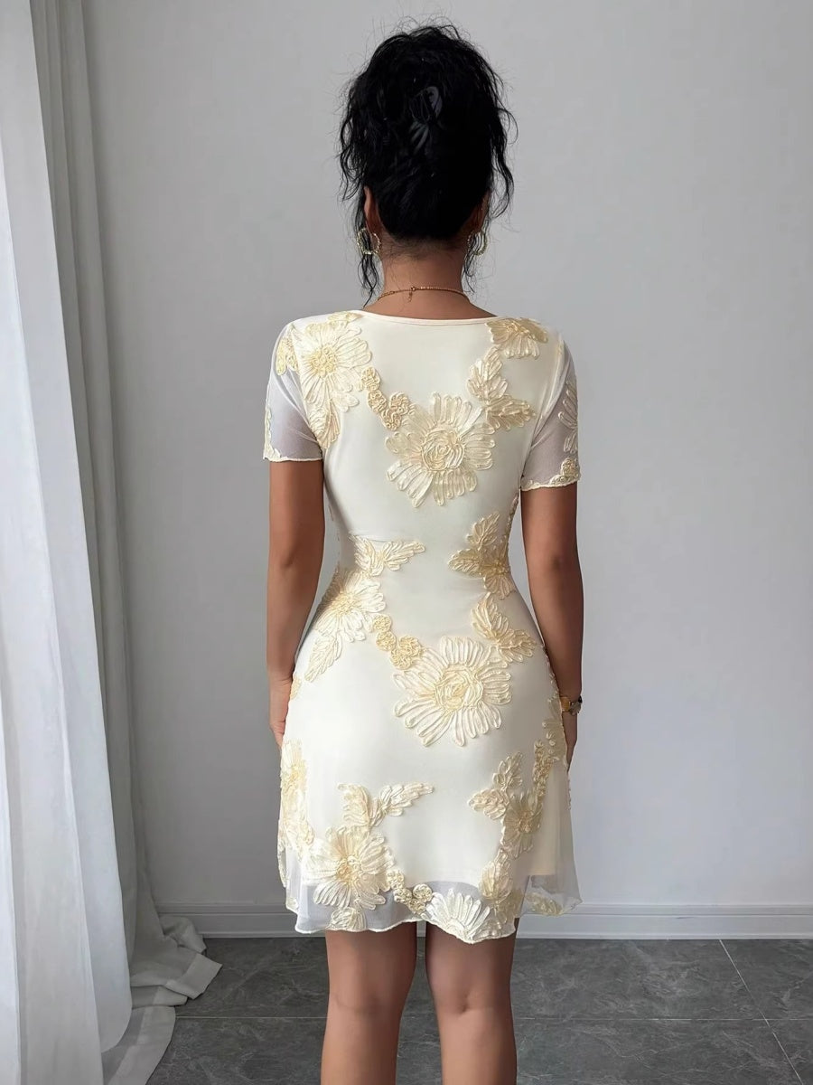 Mesh Embroidery Square Collar Mini&Short Dresses