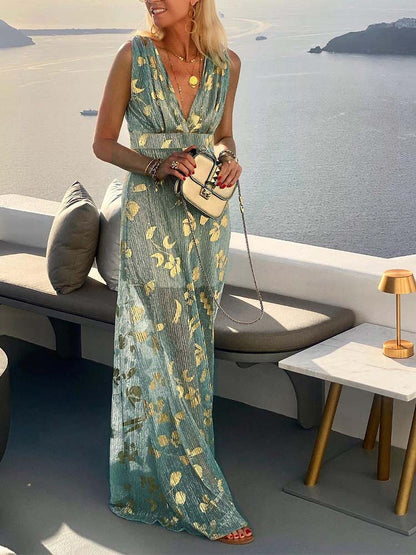 Deep V-Neck Sleeveless Empire Waist Metallic Foil Pleated Maxi Dress