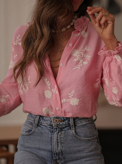 Floral Embroidery Color-blocked V-neck Lantern Sleeve Shirt
