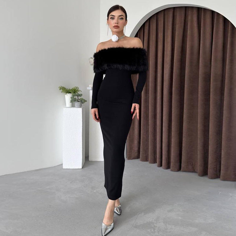 Onyx Fur Midi Dress - Black