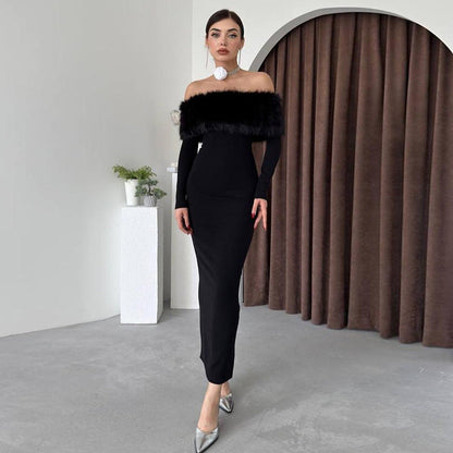 Onyx Fur Midi Dress - Black