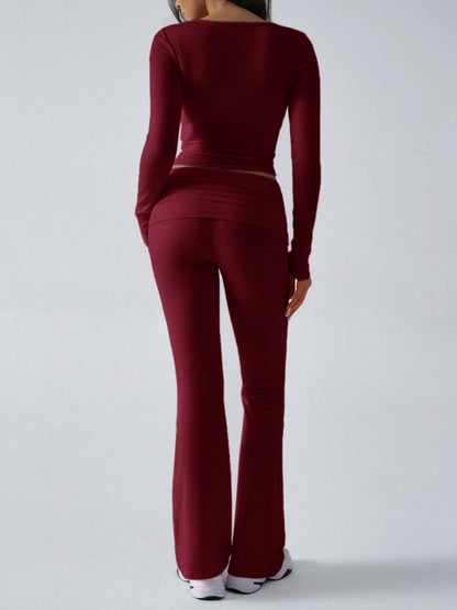 V-neck Pleats Long-sleeved Top And Trousers Sports And Leisure 2-piece Sets
