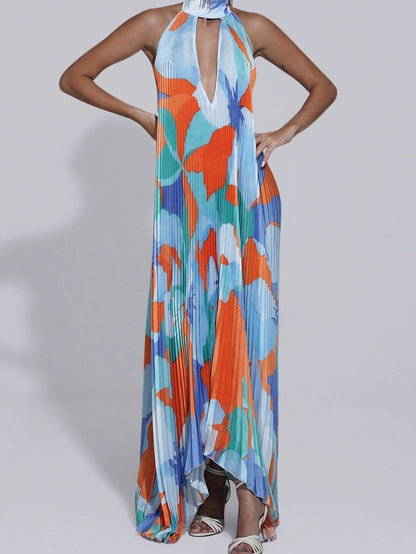 V-neck Halter-neck Backless Sleeveless Printed Pleated Maxi Dress