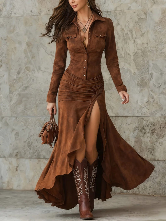 Zippered Lapel Pocket Waist Large Skirt Maxi Dresses