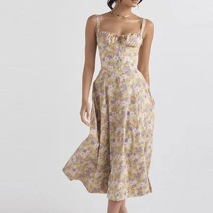 Aurora Floral Corset Midi Dress | Sweetheart Neckline, Slit Skirt, Spaghetti Straps