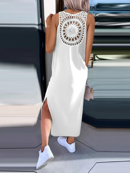 Simple Solid Color Sleeveless Long Dress With Openwork Floral Pattern On The Back