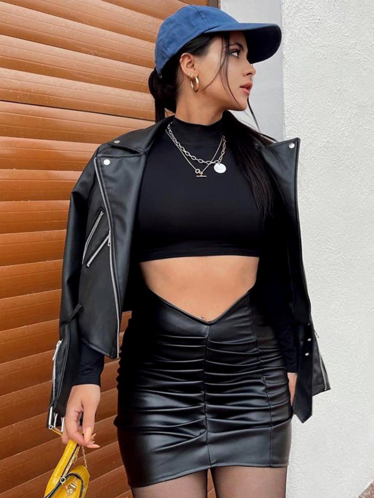 PU Leather Pleated Hip Wrap Skirts