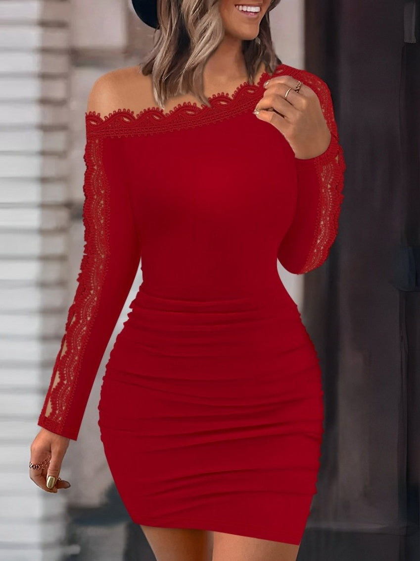 Lace-trimmed Off-the-shoulder Bodycon Sexy Long-sleeved Short Dress