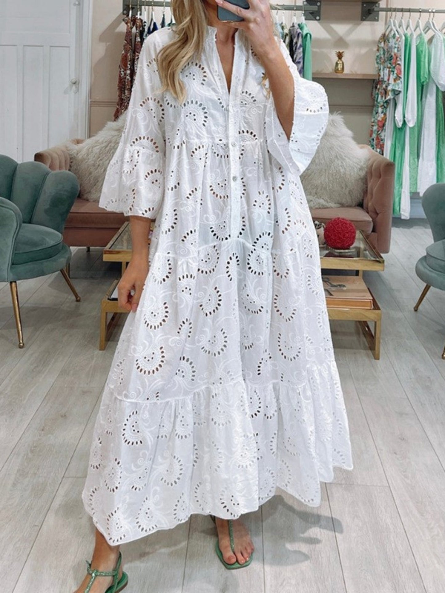 Lace Cutout V-neck Buttons  Flare Sleeve Maxi Dresses