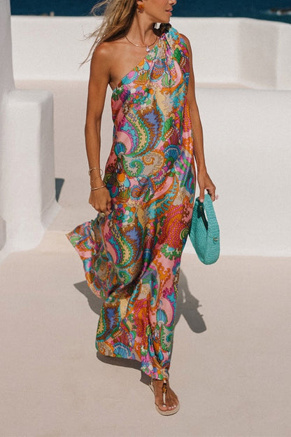 Tie Knot One Shoulder Unique Print Maxi Vacation Dress