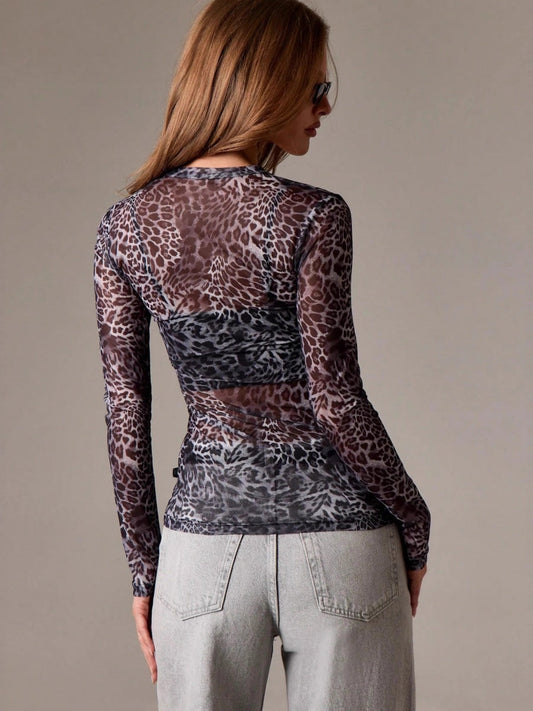 Pullover Mesh Round Neck Leopard Printed Slim Fit Slimming T-shirt Mesh/sheer Top