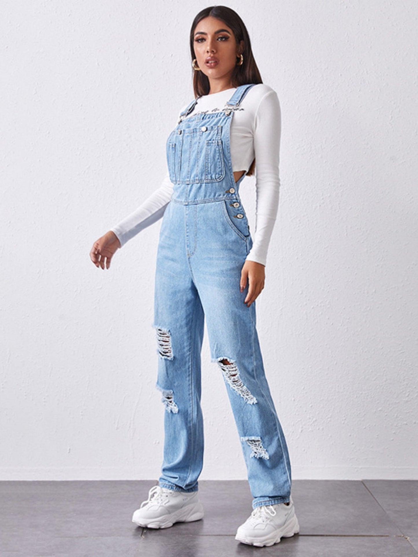 Hole Washed Pocket Denim Overalls