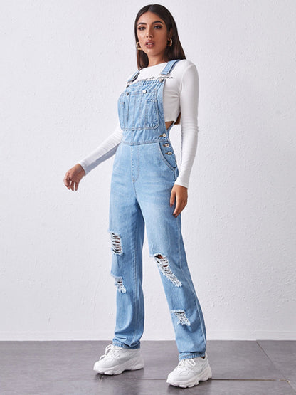 Hole Washed Pocket Denim Overalls