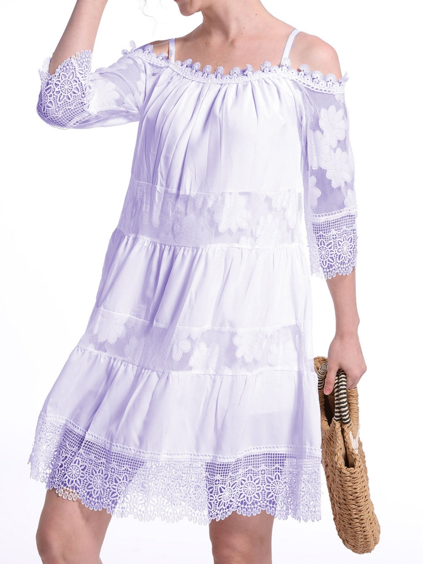 Lace Trim Hollow Out Splicing Spaghetti Strap Off-shoulder Mini&Short Dresses