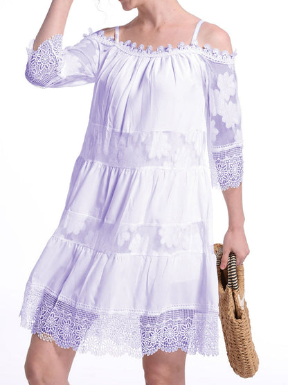 Lace Trim Hollow Out Splicing Spaghetti Strap Off-shoulder Mini&Short Dresses