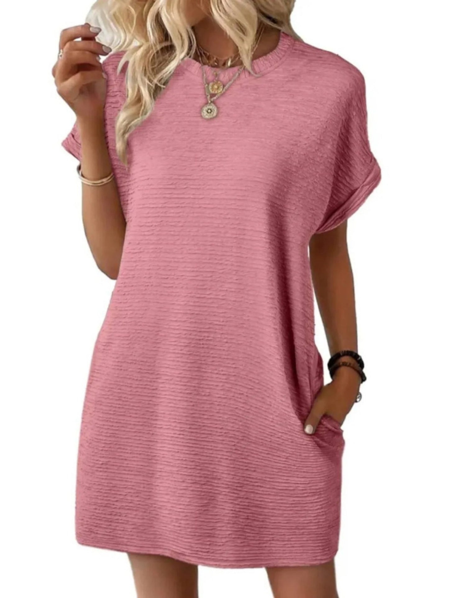 Pocket Crew Neck Short Sleeve Loose-fit Mini&Short Dresses