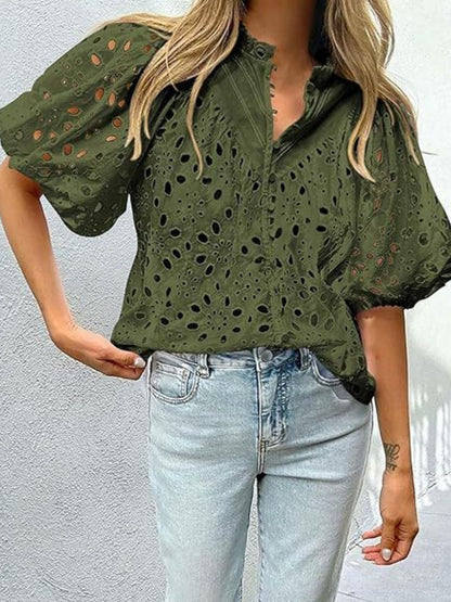 V-neck Buttons Hollow Lace Embroidery Shirts