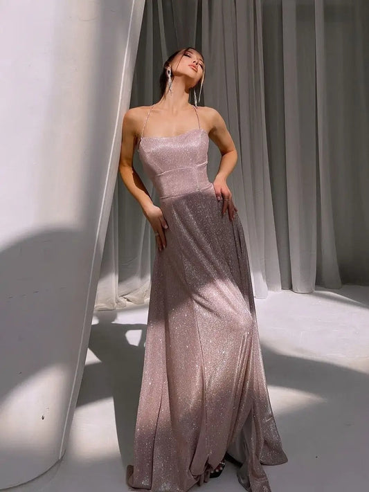 Sexy Backless Design With Slit And Flashing Light Lace Up Maxi Dresses