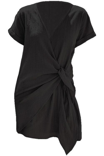 Margovil Solid Cross V Neck Tie Wrap Dress