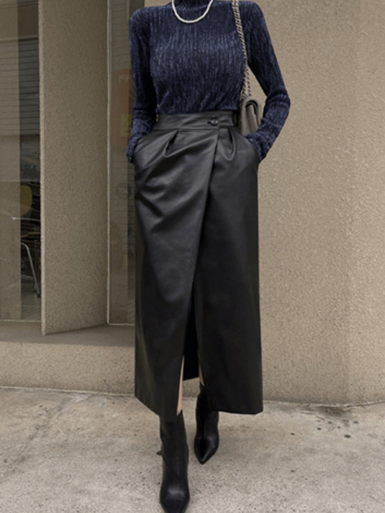 PU Leather Buttons Pleated High-waisted Side Slit Longline Skirts