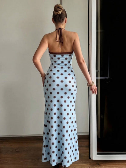 Polka Dots Color-blocked Halter Neck And Backless Maxi Dresses