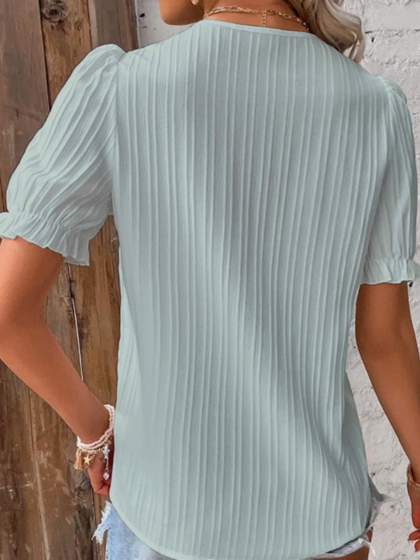 Openwork Lace Puff Sleeve V-neck Vertical Stripes T-shirts